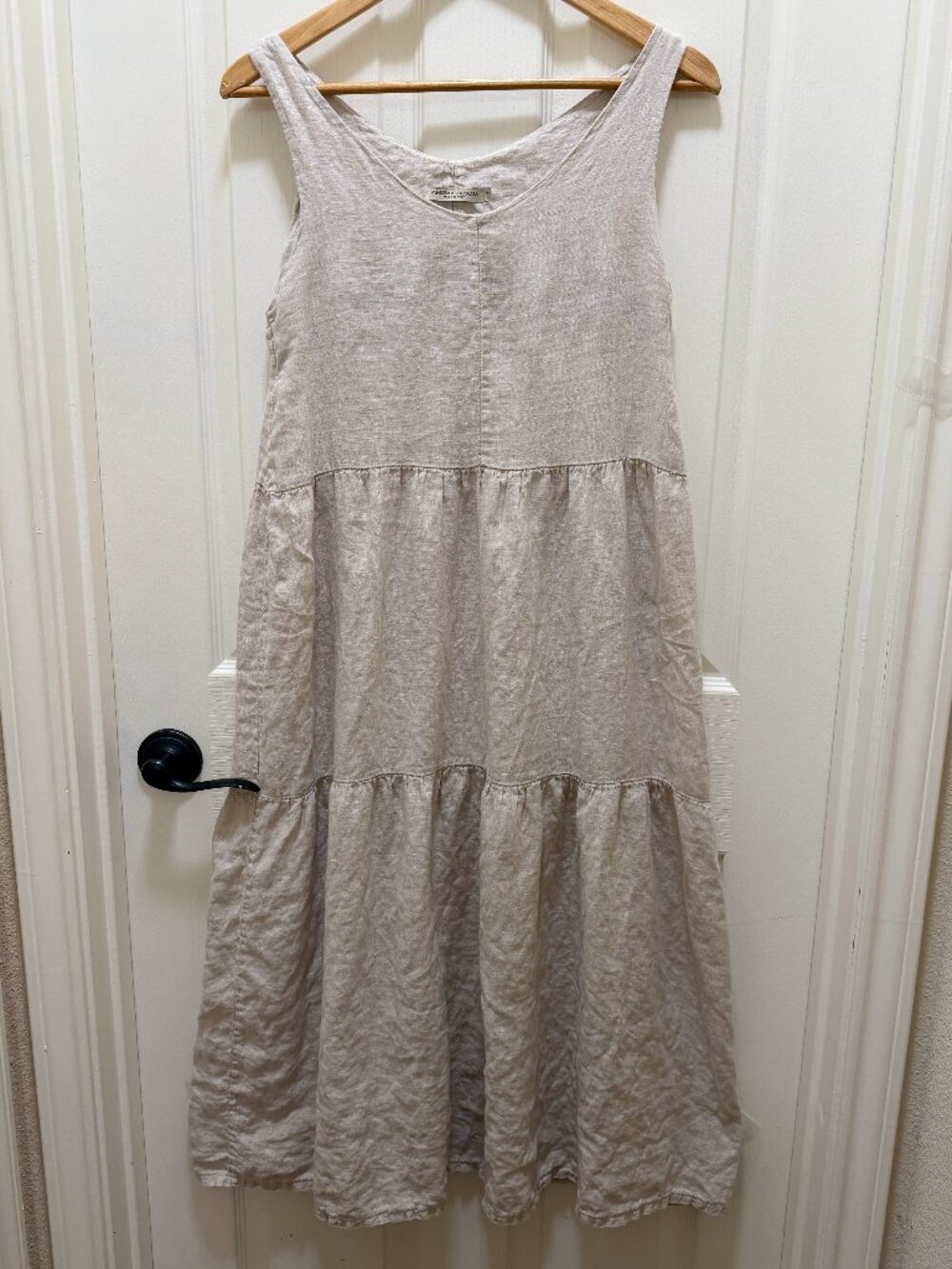 Vanessa Alexandra Women's 100% Linen Maxi Dress Size M Beige Tiered Design Boho